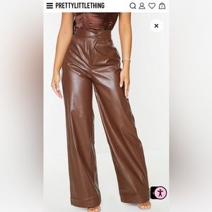 PrettyLittleThing Petite Chocolate Asymmetric Waist PU Wide Leg Trouser 2